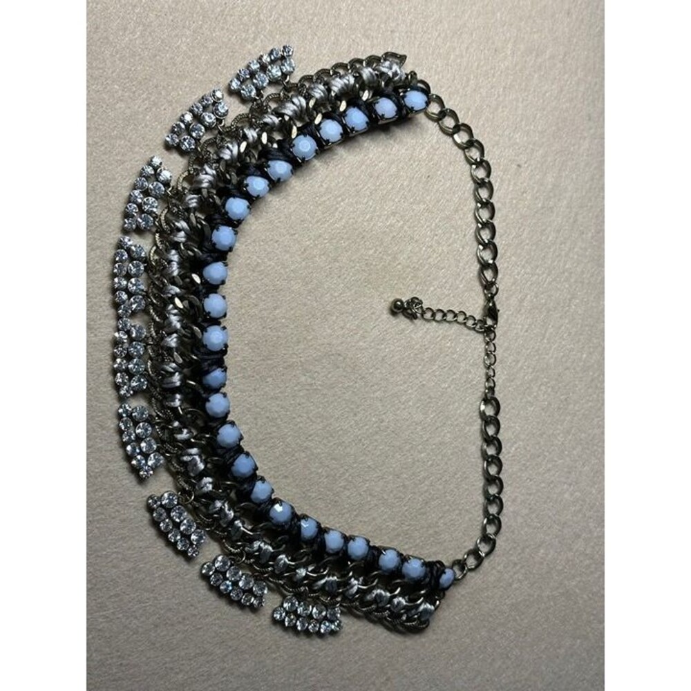 gunmetal statement necklace black ribbon weave crystal fringe bib jewelry nwt